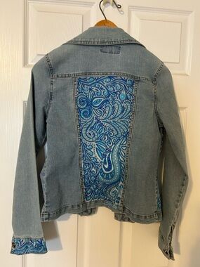 Light Blue Denim Jacket with Hand-Painted Paisley Panels
